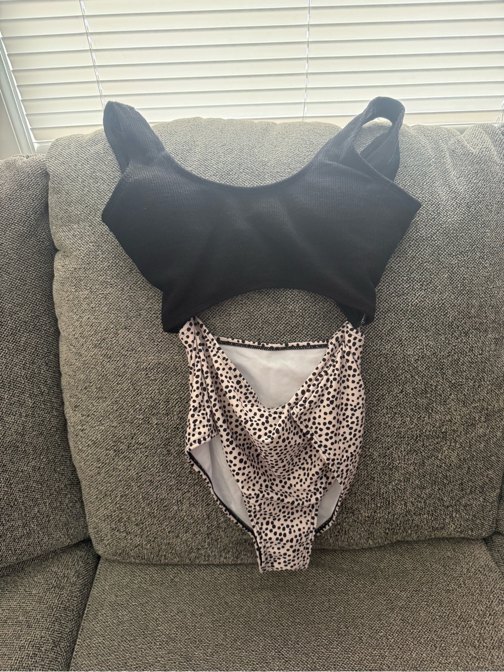 SHEIN Black Ribbed Top with Cream and Black Spotted One-Piece Swimsuit